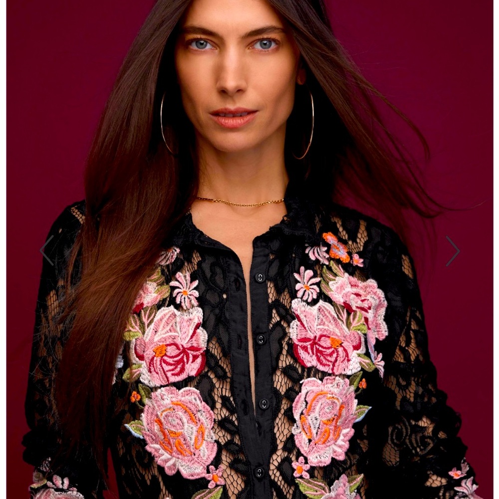 New Johnny Was Veronne
Lace Blouse Long Sleeve
Embroidery Black Top Shirt Sz XL